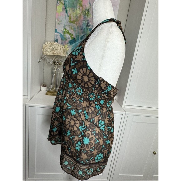 Trina Turk Halter Top Size 8 Cotton Side Zip Brown Teal Floral - Picture 5 of 10